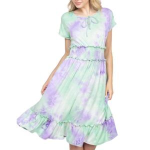 🌷🌷Tie Dye Mod Peasant Dress Ruffle Hem